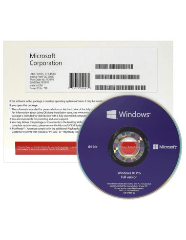 Windows Microsoft 10 Pro 32/64 bit Oem Pack Dvd Lingua Italiana
